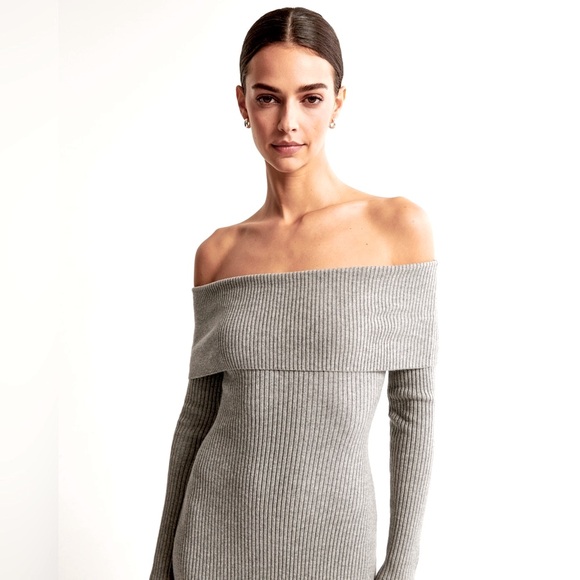 ABERCROMBIE GRAY KNIT OFF SHOULDER MIDI DRESS WINTER HOLIDAY GIFT ROMANTIC  L - Picture 5 of 10